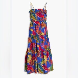 FARM Rio Blue Tropical Print Midi Dress with Pink, Orange & Green Accents